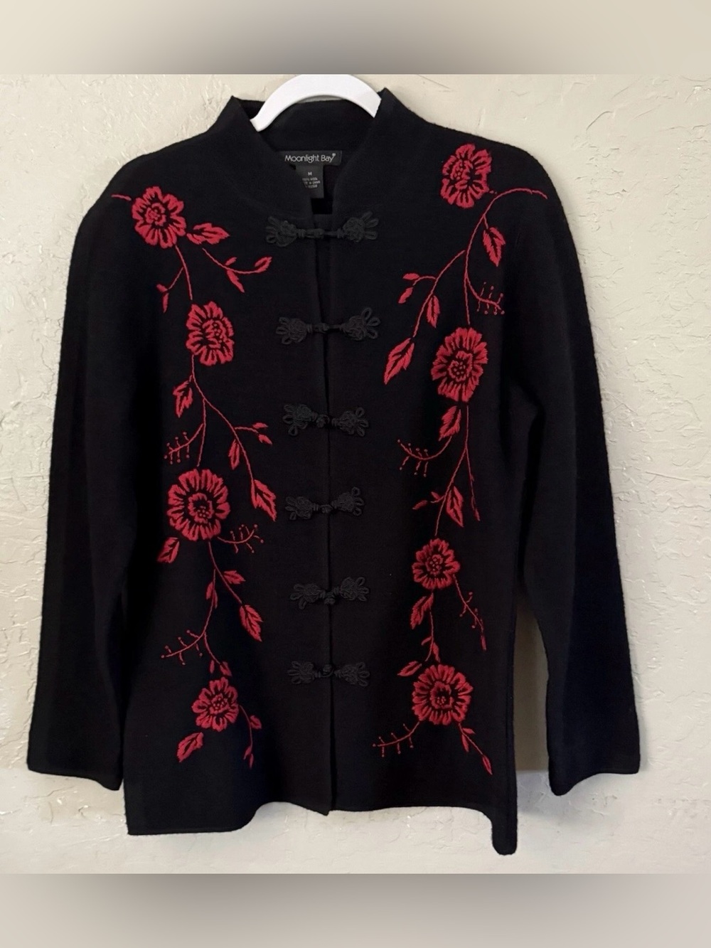 Moonlight Bay Black Wool Sweater Cardigan with Red Floral Embroidery